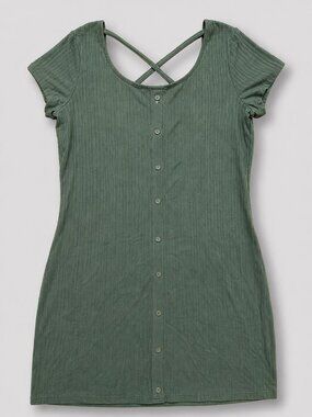 No Boundaries XXL Green Ribbed Mini Dress Criss Cross Back Button (faux) Front